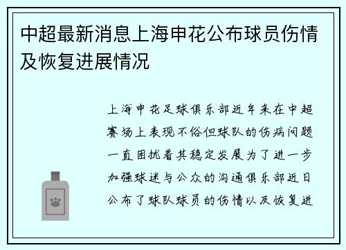 中超最新消息上海申花公布球员伤情及恢复进展情况