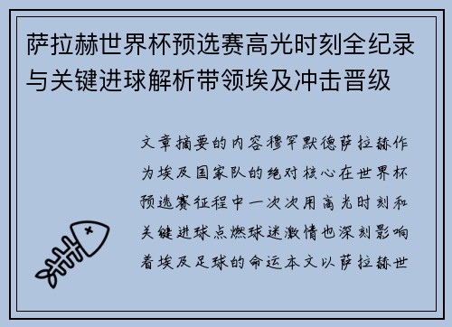 萨拉赫世界杯预选赛高光时刻全纪录与关键进球解析带领埃及冲击晋级